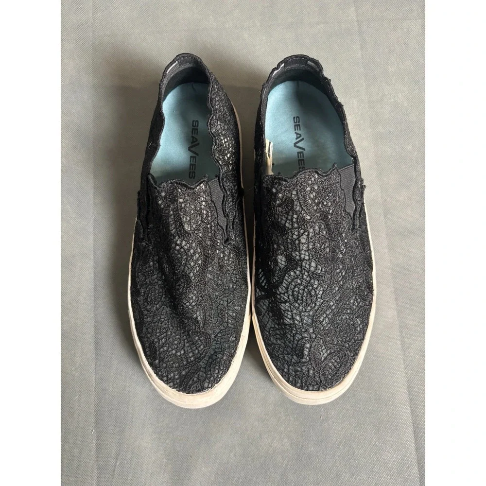 SeaVees Baja Platform Women Shoes Size 9 Black Slip On Low Top embroidered